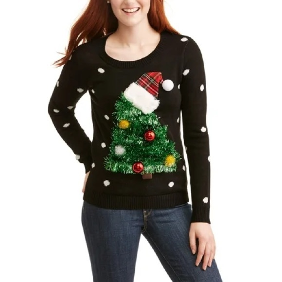 NWT Ugly Christmas Sweater Christmas Tree Wearing Hat Ornaments Black - Picture 1 of 8